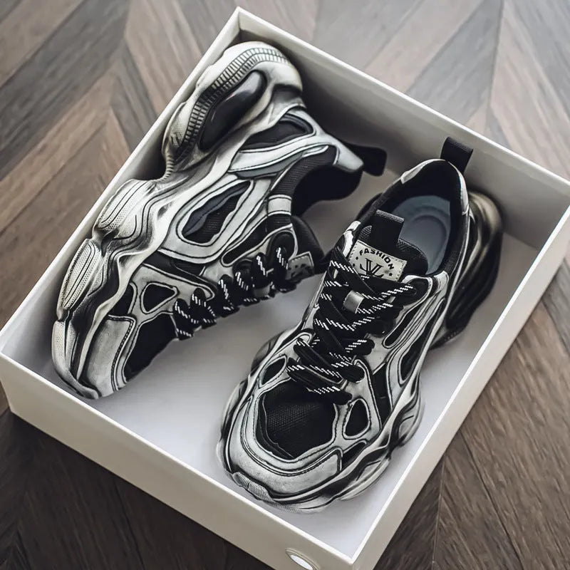 Men's black mesh sneakers with brush colour pattern, platform heel, and lace-up front.