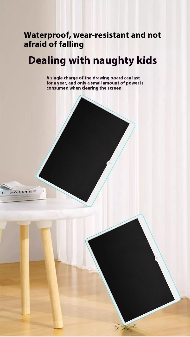19-inch LCD children's drawing board in blue and white or pink and white colours, showing a colourful doodle on screen.