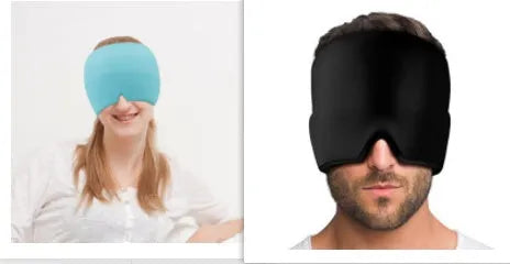 Black reusable gel ice mask for eyes and forehead on a white background