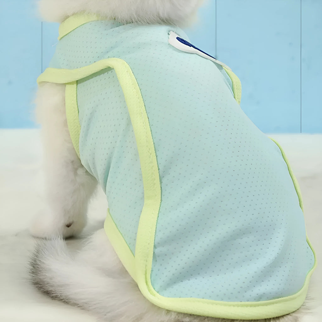 Thin polyester pet vest in grass green or taro purple for cats, sports style summer clothing with anti-lint features.