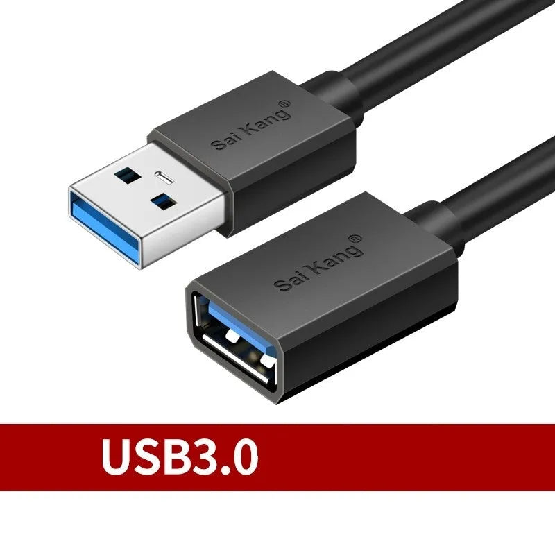 Black USB male to female extension cable showing connectors, available in multiple lengths