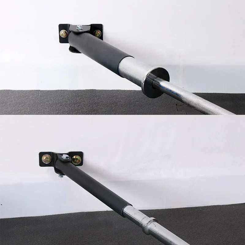 Steel wall-mounted rack holding multiple barbell bars or tubes