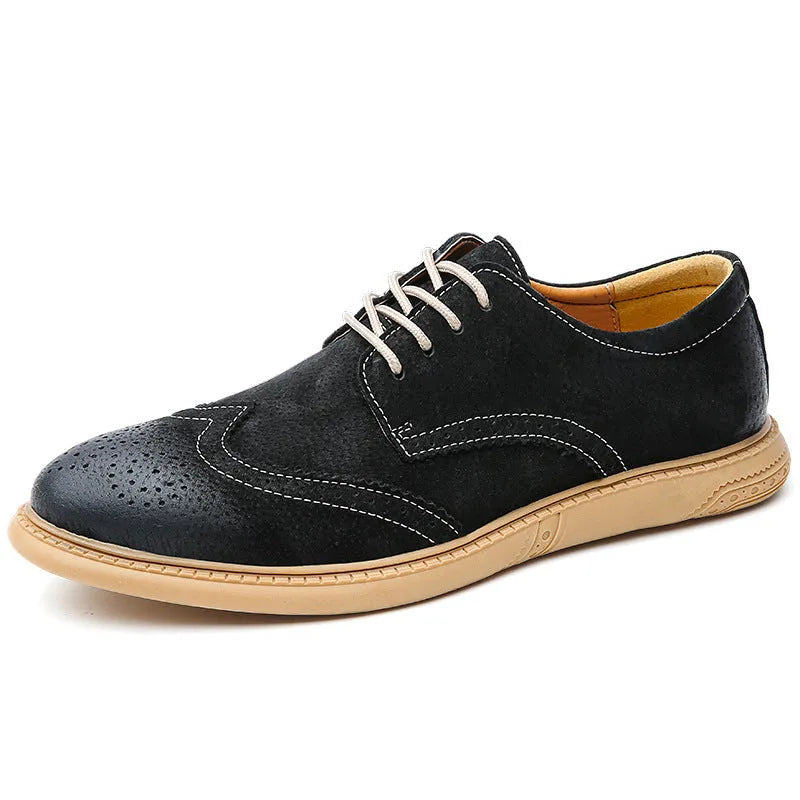 Men's grey low-top leather business shoes with lace-up design and non-slip rubber sole.