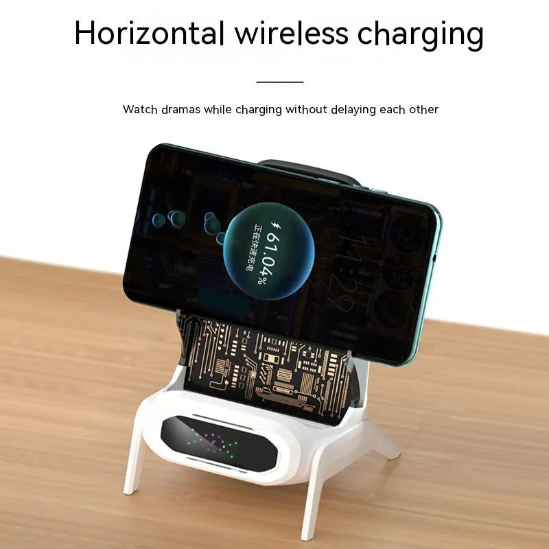 Transparent small chair wireless charger phone stand showing white, blue, and pink colour options