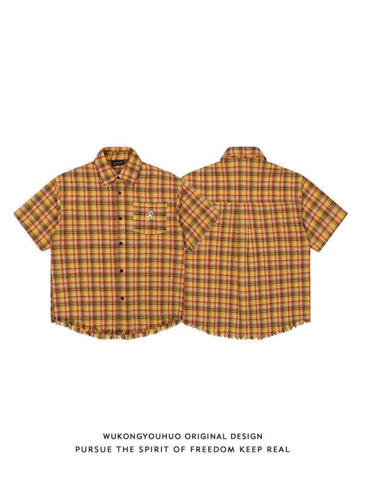 Yellow plaid short sleeve shirt with embroidery pocket detail