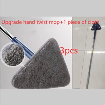 Blue triangle cleaning mop with extendable stainless steel pole and 360-degree rotating head