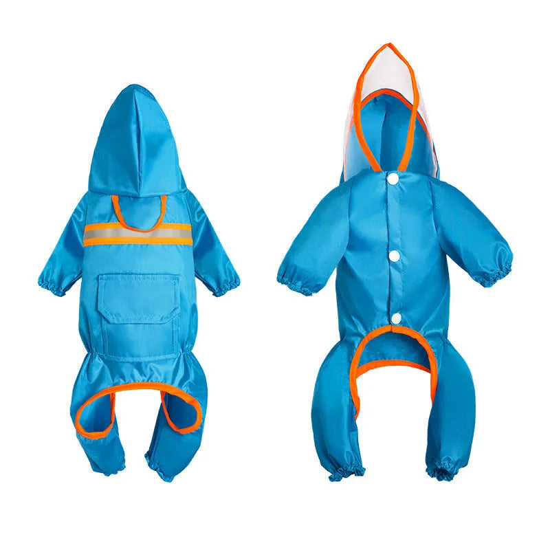 Pet reflective raincoat in orange on a dog showing back length and reflective strip for visibility