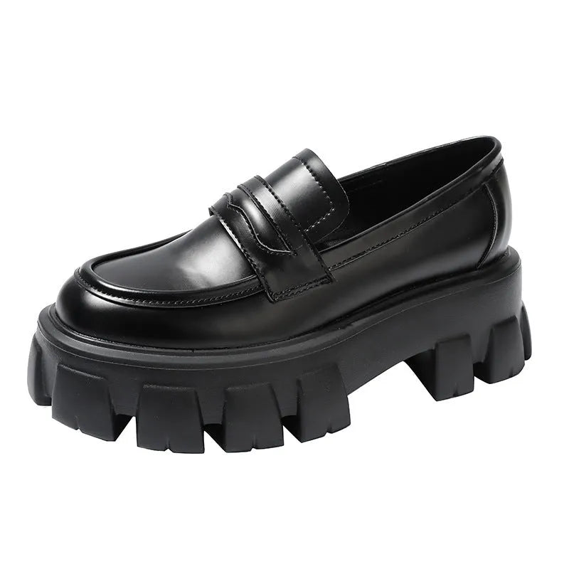 British wide-fit loafers in patent leather or matte finish with muffin heel and rubber sole