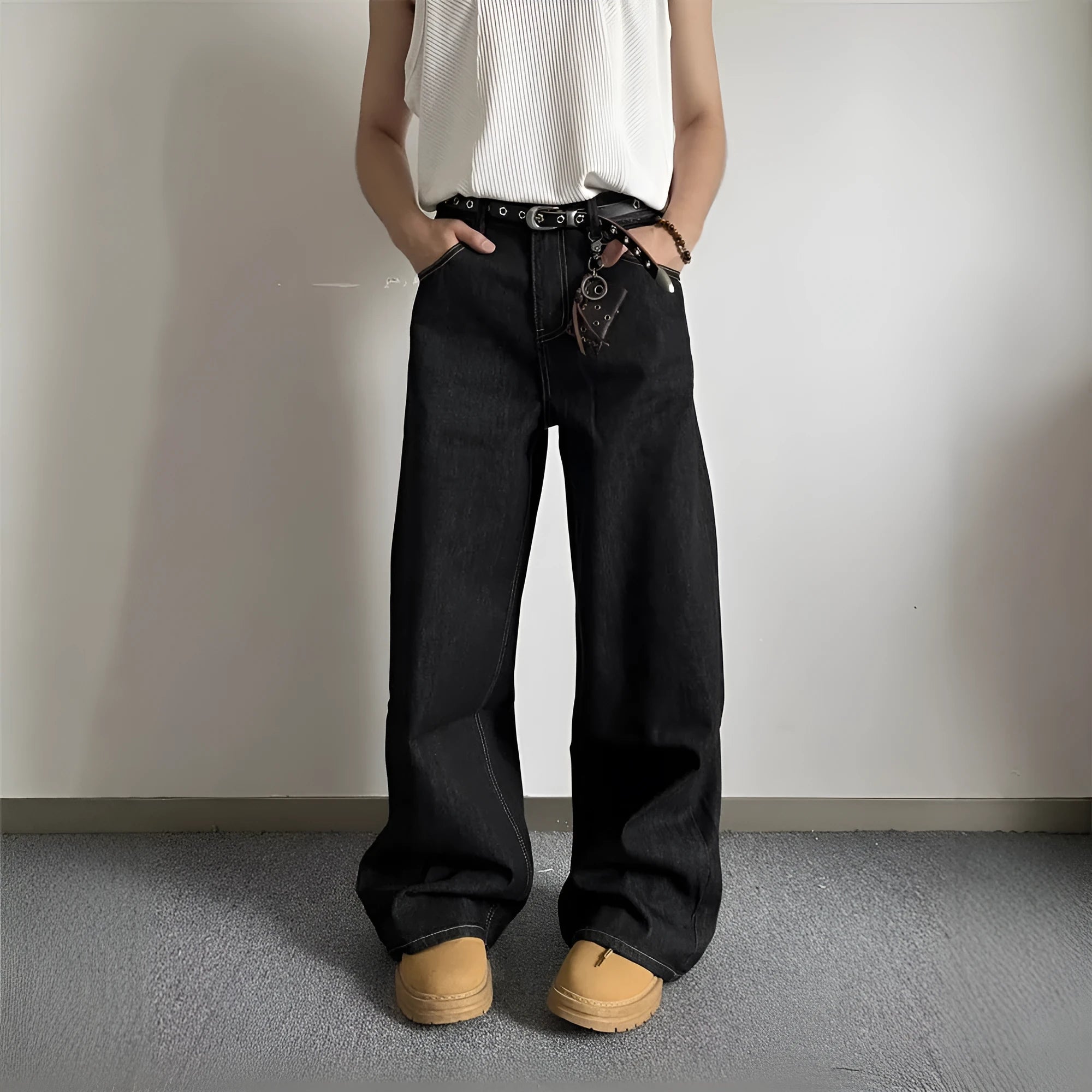 Black retro loose wide-leg jeans with straight-leg style and mid waist design