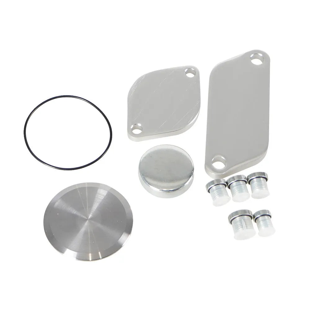 Silver aluminium alloy automotive valve cover and gasket set for EGR system.
