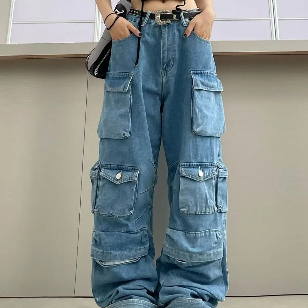 Women's high waist wide leg jeans in street hipster style with multiple pockets