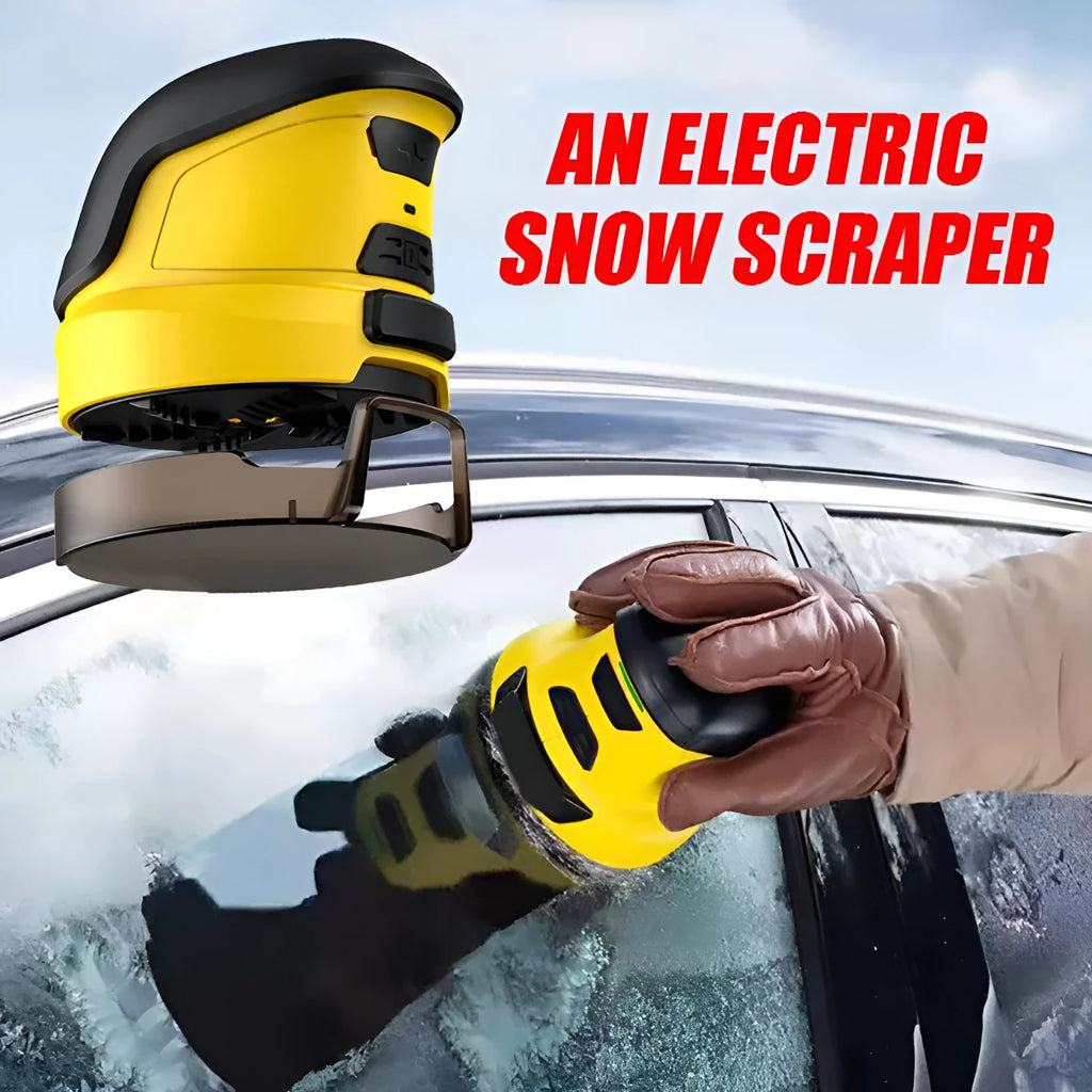 Yellow cordless electric ice scraper with USB charging cable on a car windscreen.