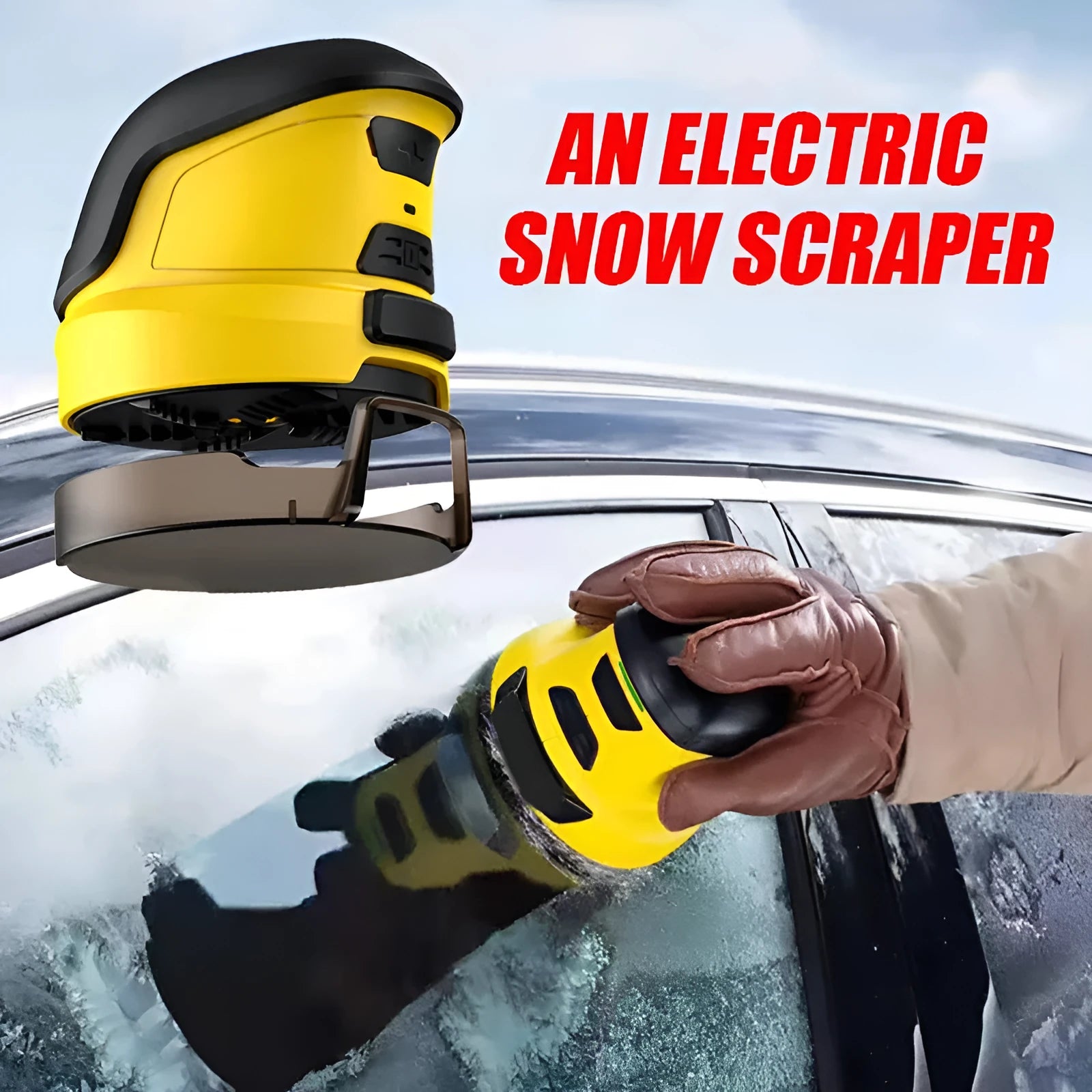 Yellow cordless electric ice scraper with USB charging cable on a car windscreen.