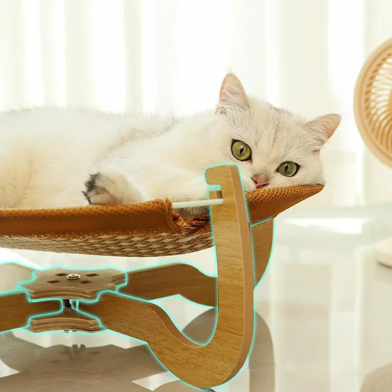 Brown woven rattan pet bed hammock for cats and small dogs, off-ground design