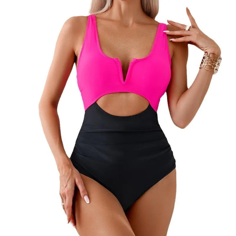 Women's colour block one-piece swimsuit in nylon fabric showing contrast colour design