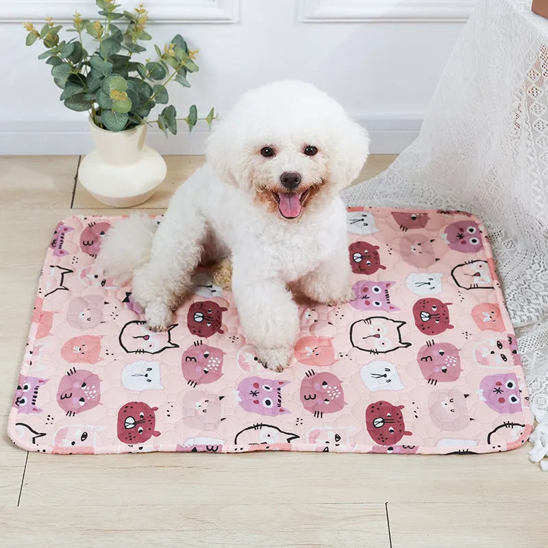Reusable waterproof pet training pad showing colour pattern options and non-slip backing