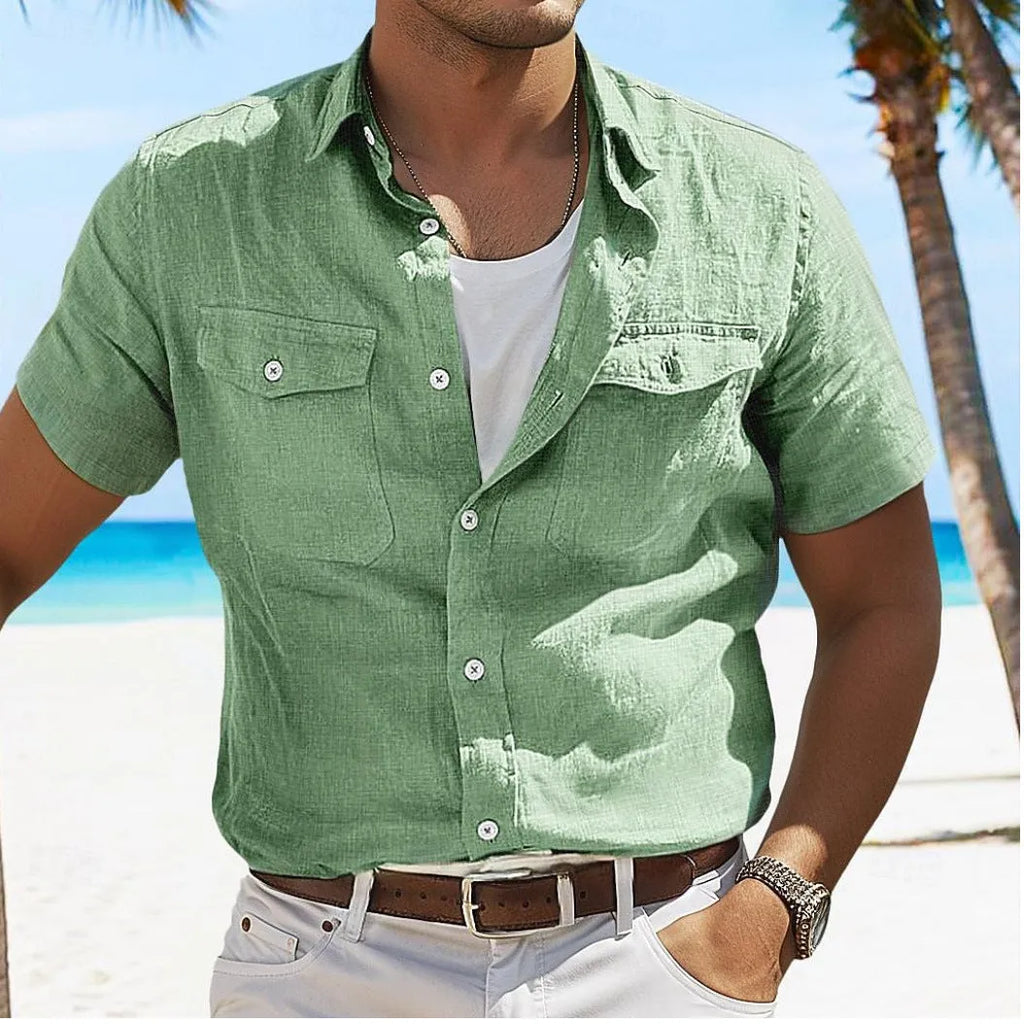 Men's grey loose-fit cotton linen shirt with polo collar and long sleeves for casual summer wear.