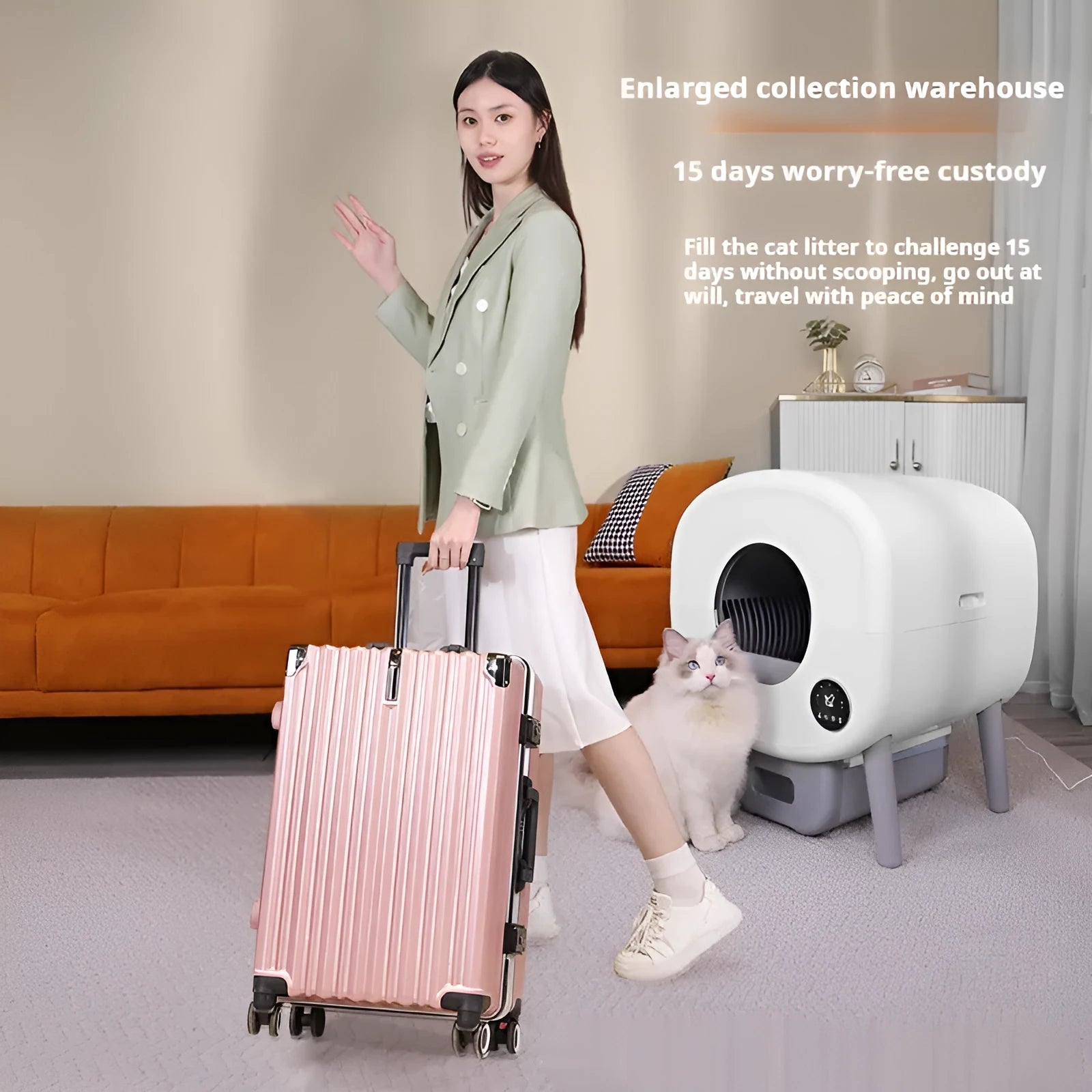 Automatic self-cleaning cat litter box with 13L waste storage capacity and ABS plastic construction