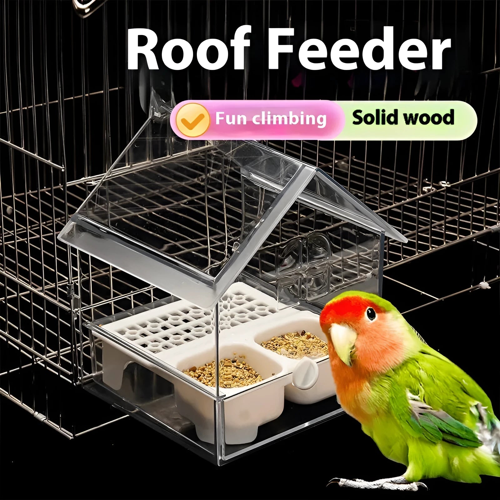 Transparent plastic roof feeder for birds with green and white colour options on outdoor surface