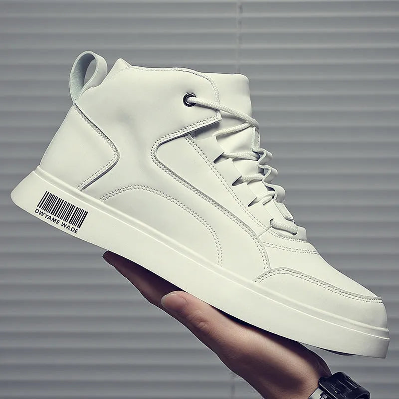 Men's white mid-top casual shoes with round toe, rubber sole, and front lace-up design on a plain background