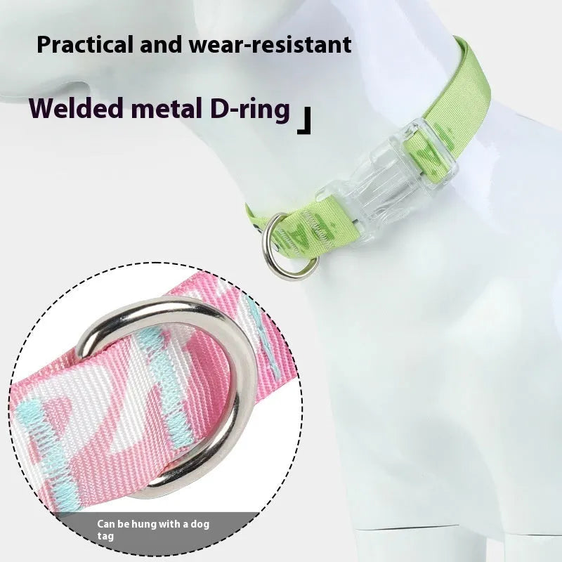 Adjustable nylon dog collar with cartoon gradient pattern in panda green colour showing plastic buckle closure