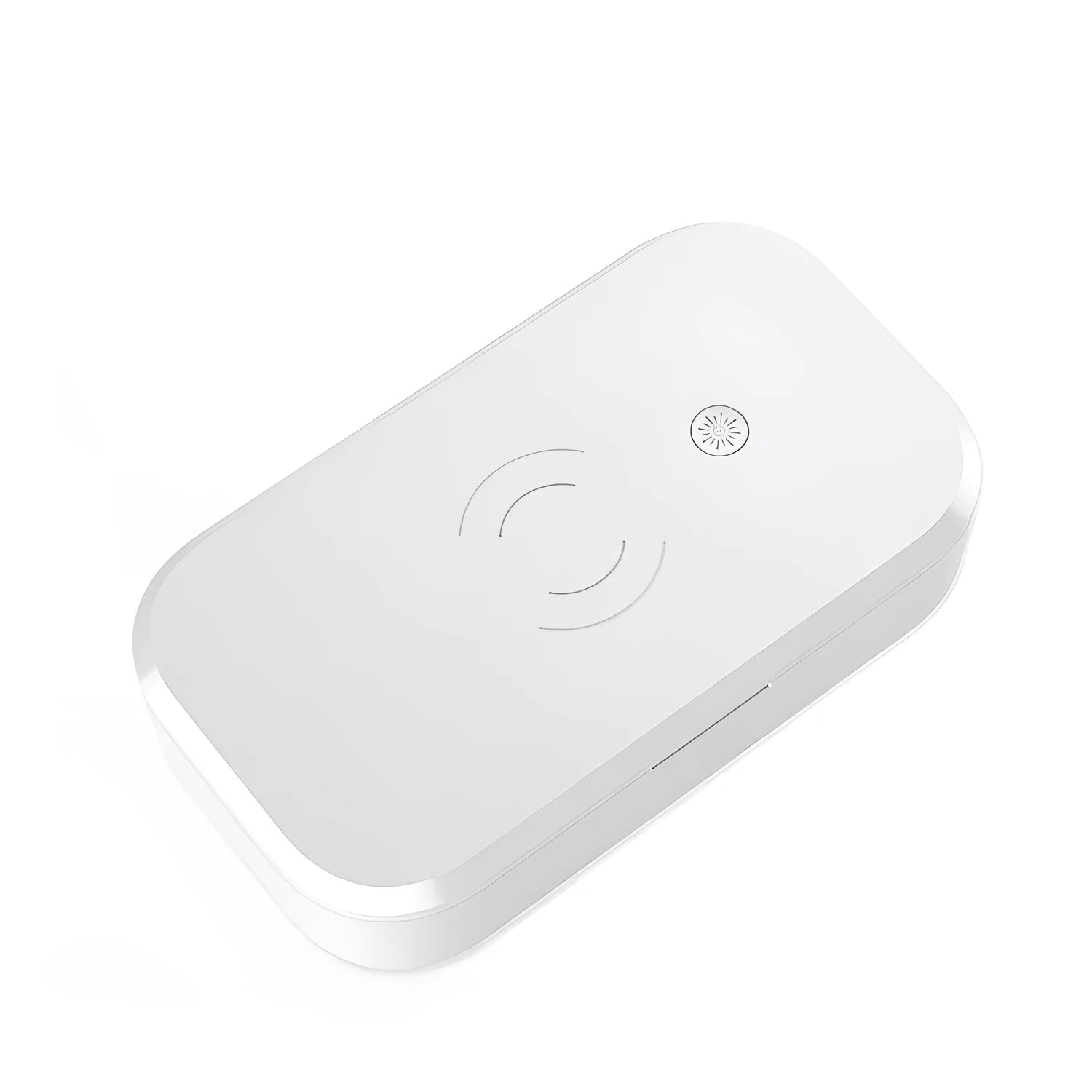 White ultraviolet disinfection box with wireless charging pad inside for phones and beauty tools.