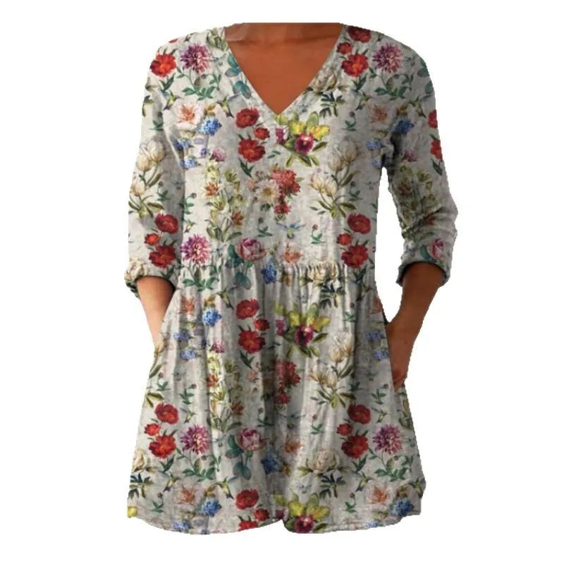 Women's printed wave pattern loose dress with 3/4 sleeves and wide waist design in polyester fabric