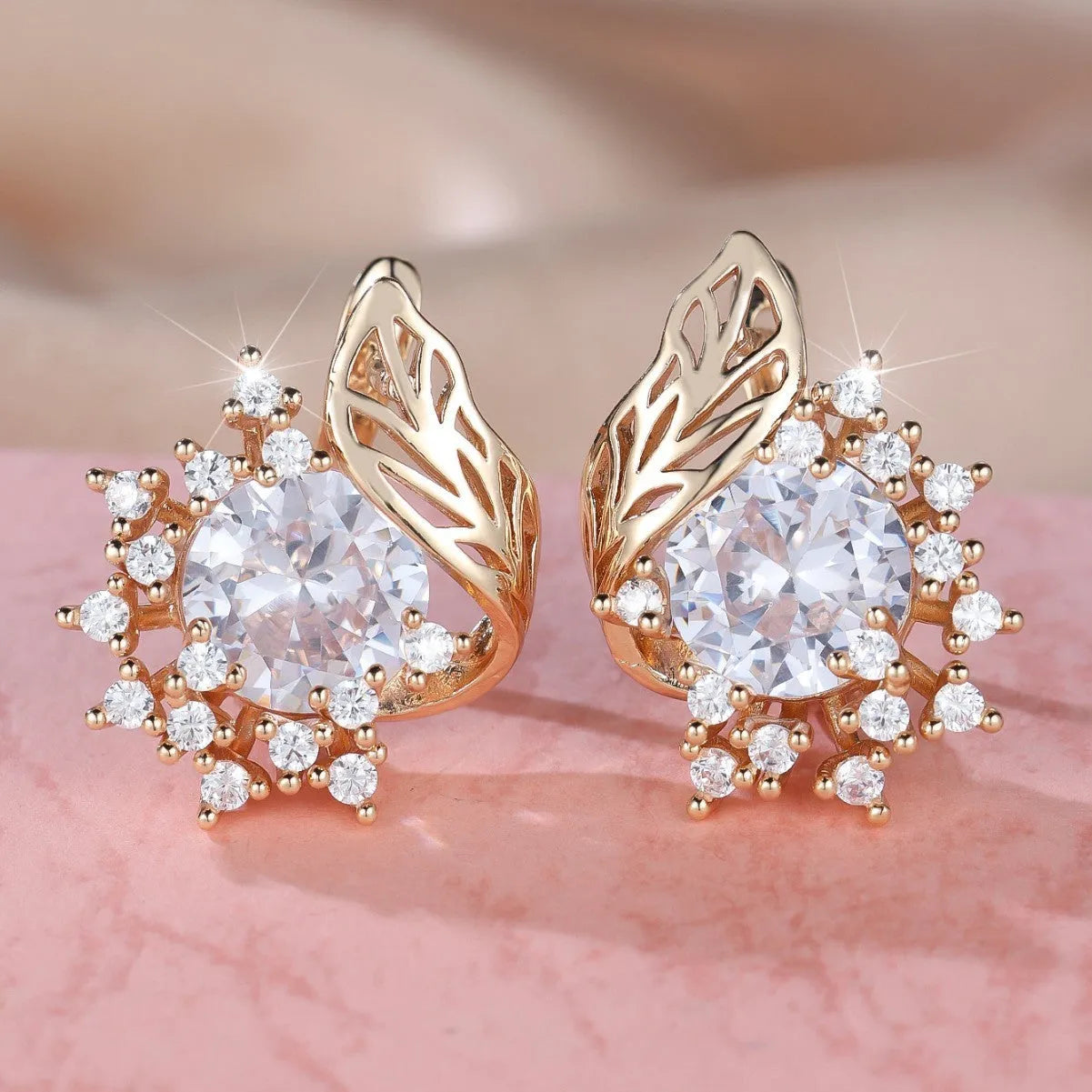 Women's round flowers feather zircon earrings with champagne gold electroplating and six gemstone colour options