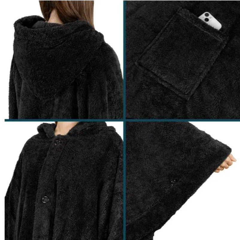 Thick hooded polyester bathrobe in black, dark grey, or pink, shown as a long-sleeve cardigan.