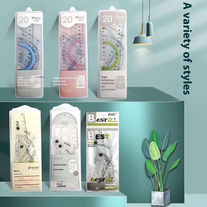 Youpai transparent acrylic drawing ruler set with square and protractor on a white background.
