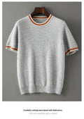 Men's pure wool short sleeve sweater in grey showing round neck and pullover design