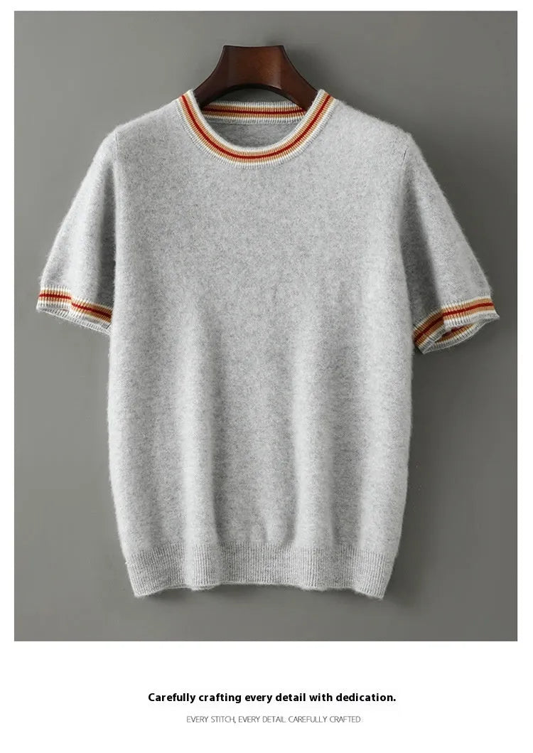 Men's pure wool short sleeve sweater in grey showing round neck and pullover design