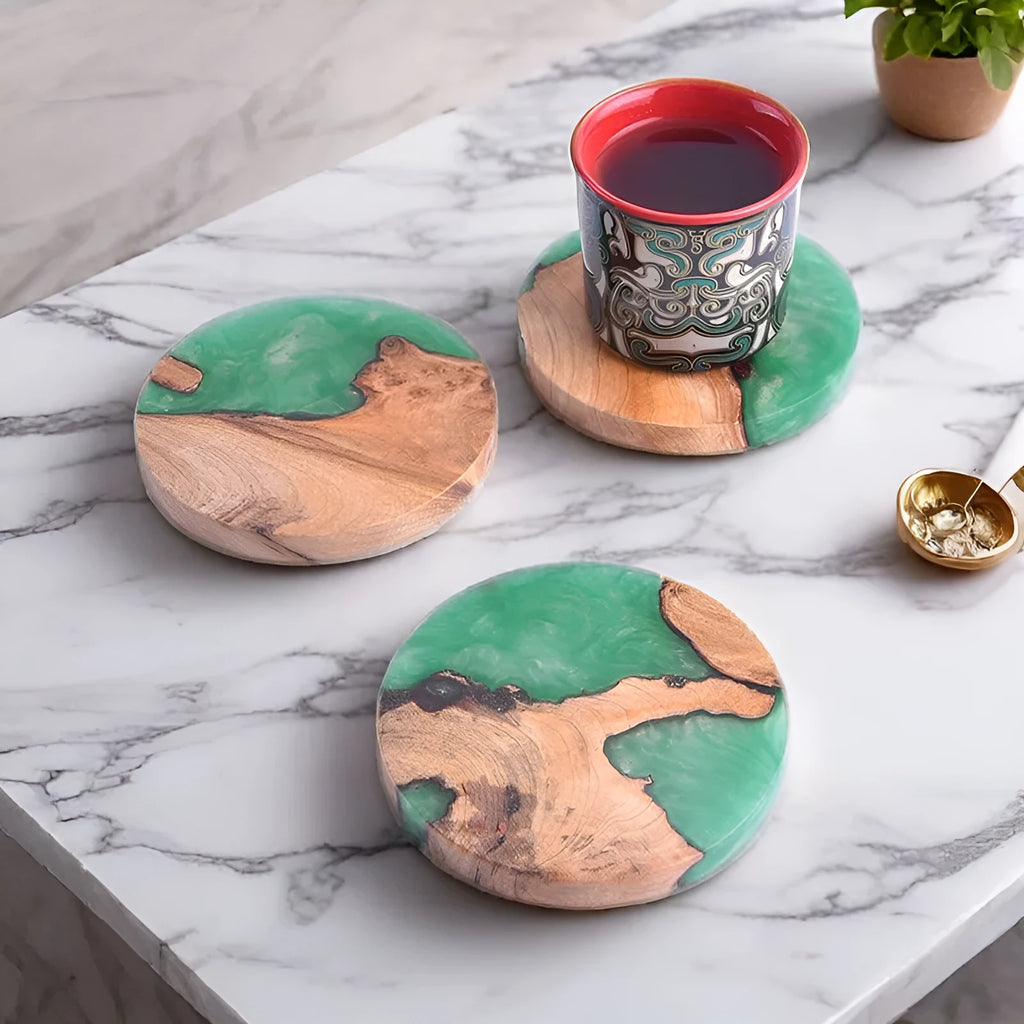 Nordic style wooden coaster with heat insulation resin in a solid colour design.