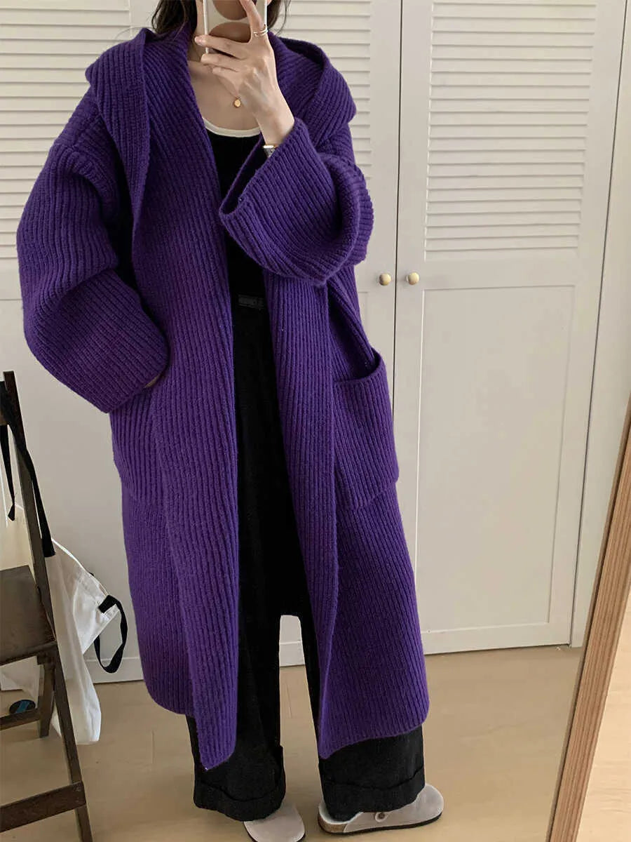 Loose-fit women's hooded cardigan coat in acrylic, shown in milky white colour