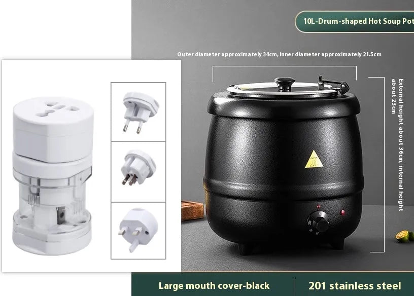 Black stainless steel electric insulation pot with large steel cover, 10 litre capacity for soup or porridge.