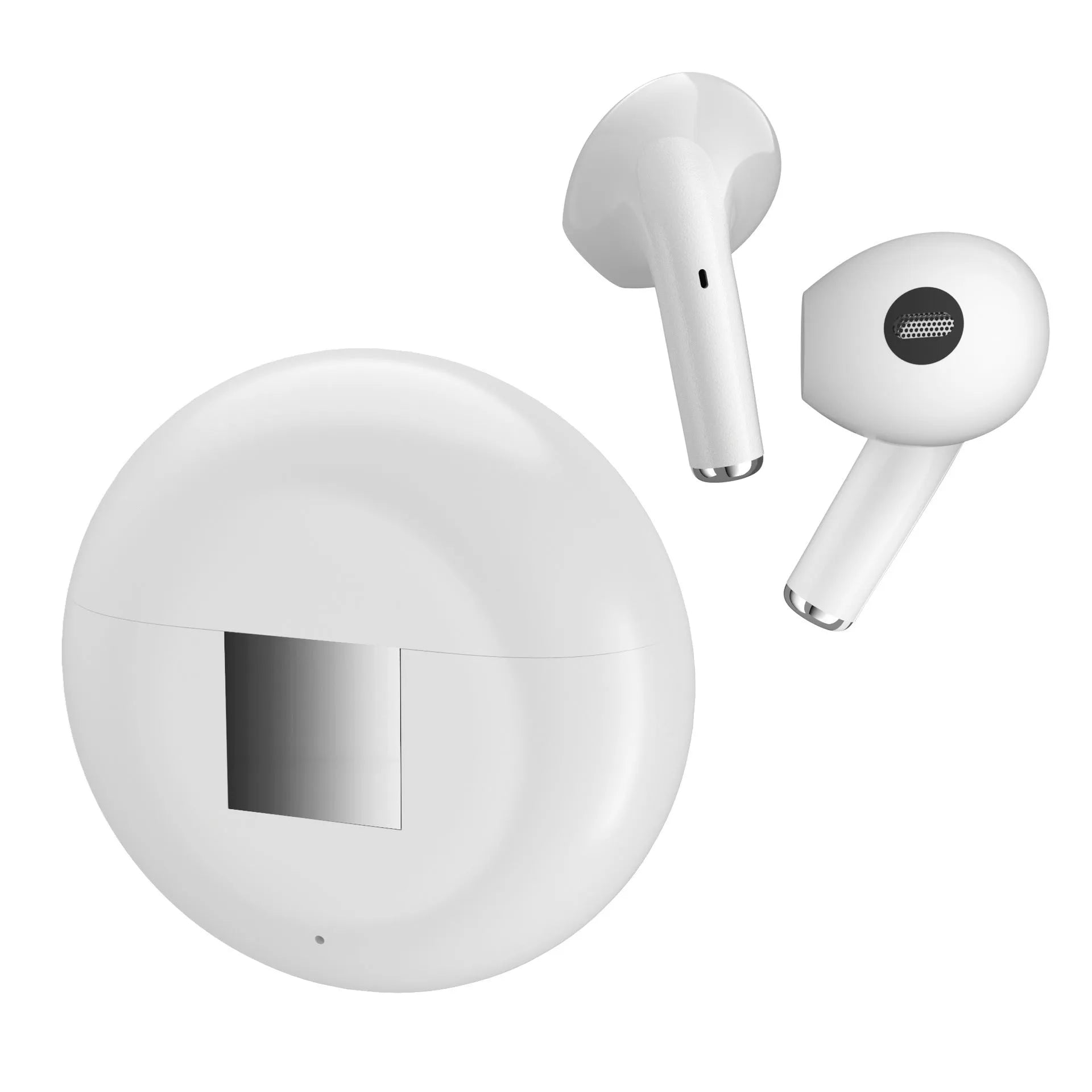 White Budz5 wireless Bluetooth earphones and their compact rectangular charging case on a table.