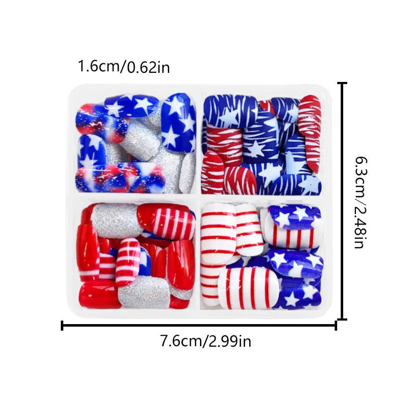 Box of finished glitter red and blue multicolor Independence Day nail tips in a short European Square shape.