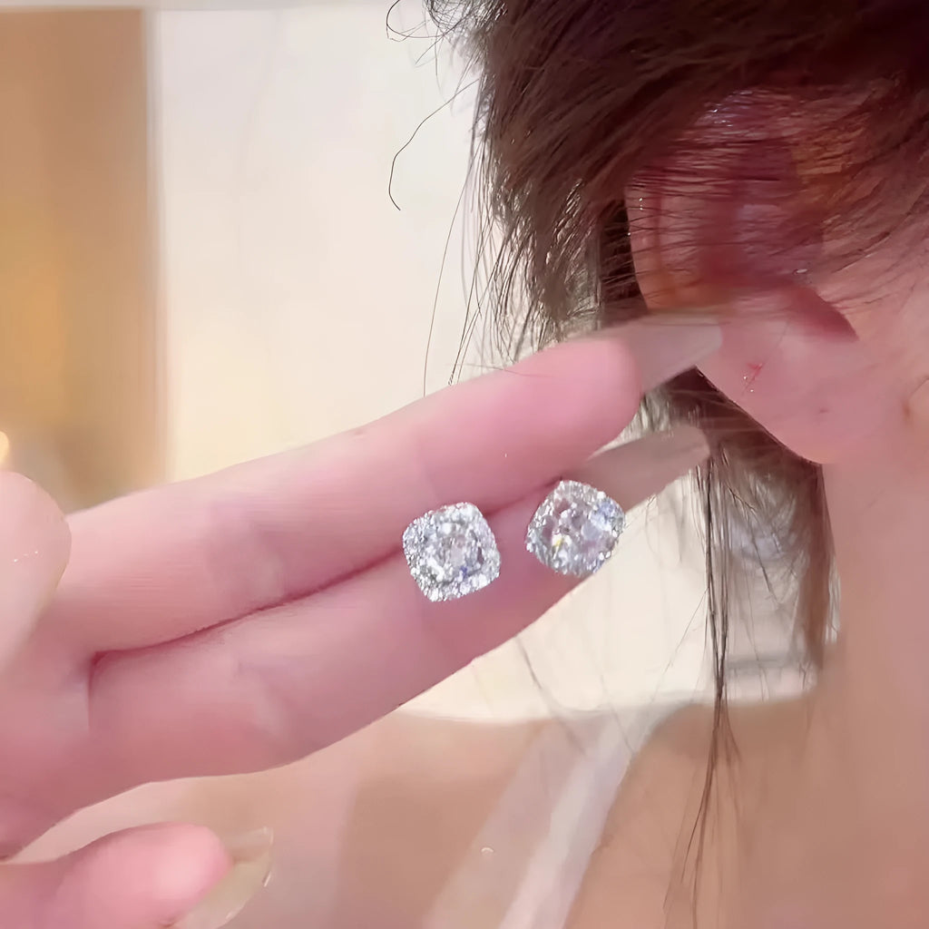 Square geometric stud earrings with diamond treatment in silver and gold colour options