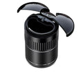 Metal smart car ashtray with automatic lid in black, showing compact 113mm x 72mm size.