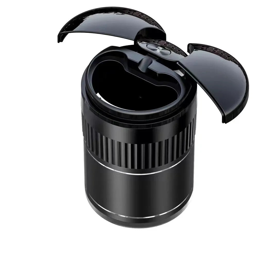 Metal smart car ashtray with automatic lid in black, showing compact 113mm x 72mm size.
