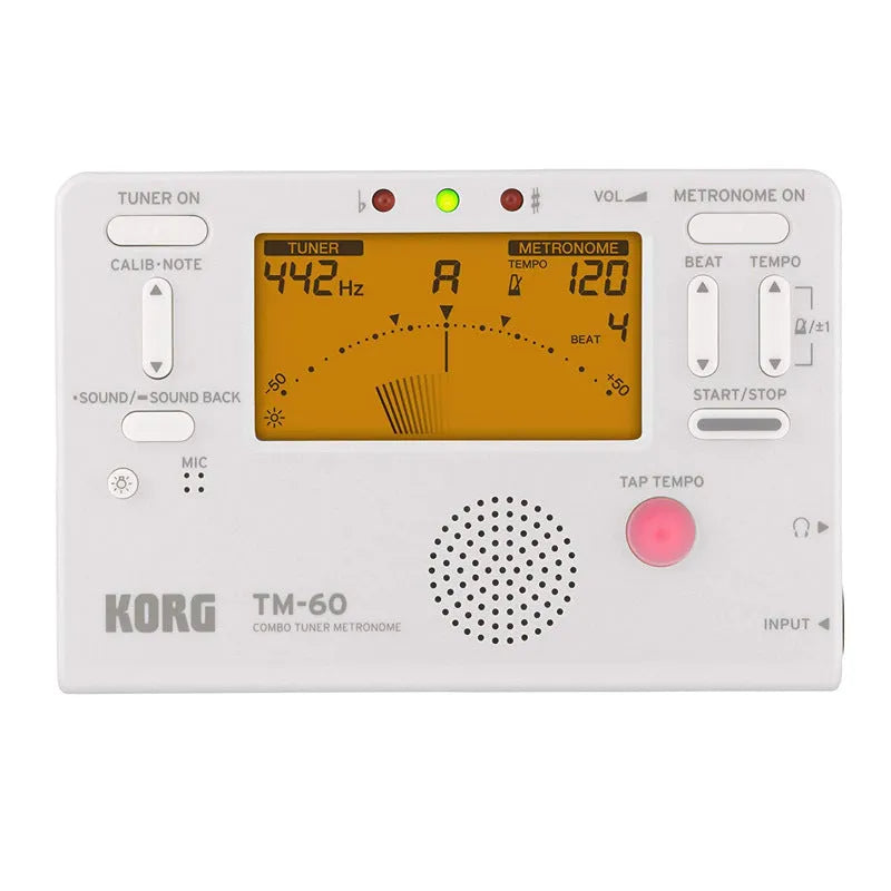 TM-60 black electronic metronome with display and controls for tempo and rhythm selection.