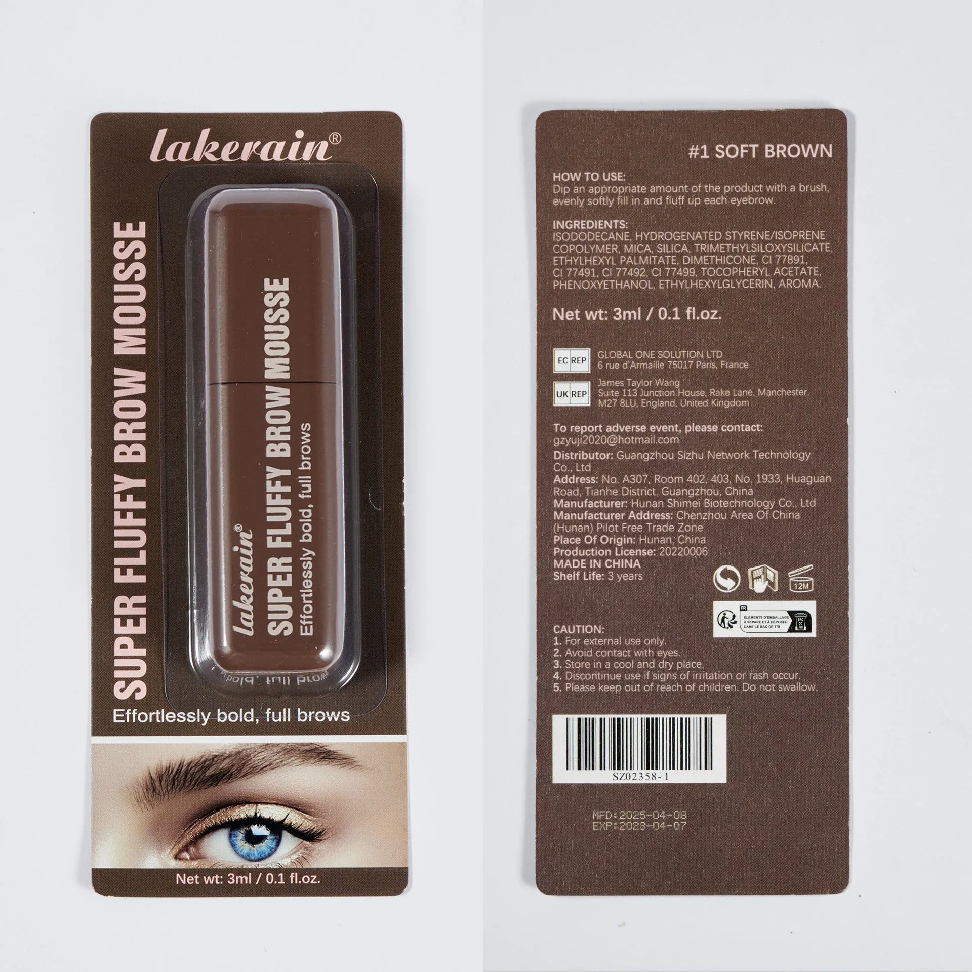 Eyebrow cream mousse in six colour shades with applicator for long-lasting brow definition