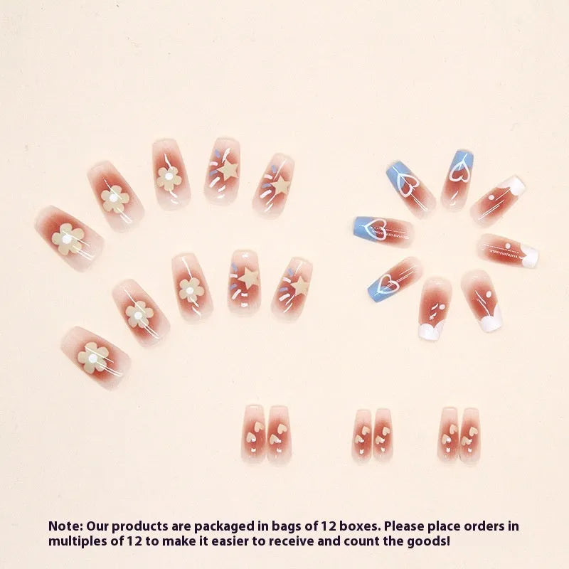 Blush flower fake nail patch set with love patterns for ladies