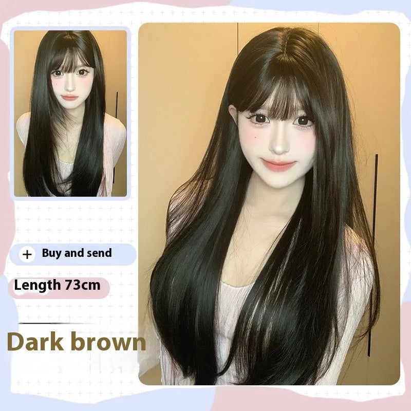 Dark brown women's wig with long straight hair and bangs for round face shapes