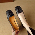 Women's sheepskin shallow mouth flat bottom chunky heel pumps in black and light brown, square toe
