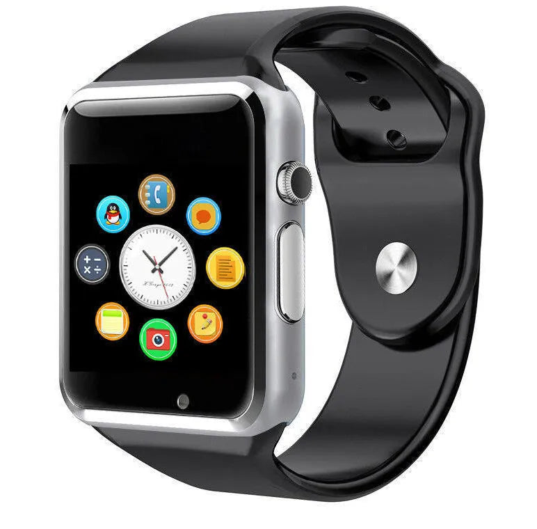 A1 Smart Watch in multiple colours on wrist, showing 1.54-inch touchscreen and side view highlighting camera.