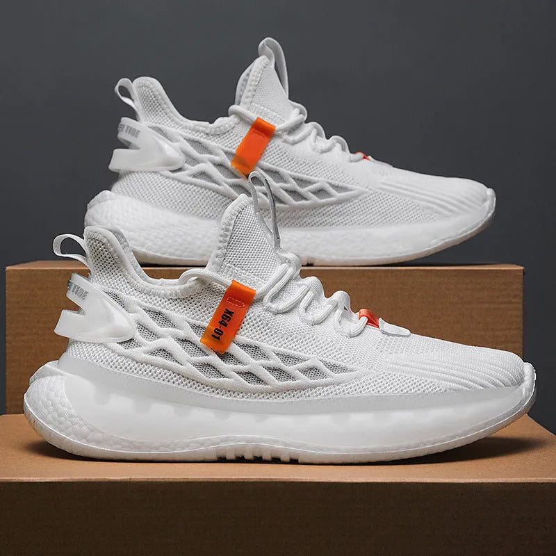 Men's white mesh platform sneakers with round toe and flat rubber sole