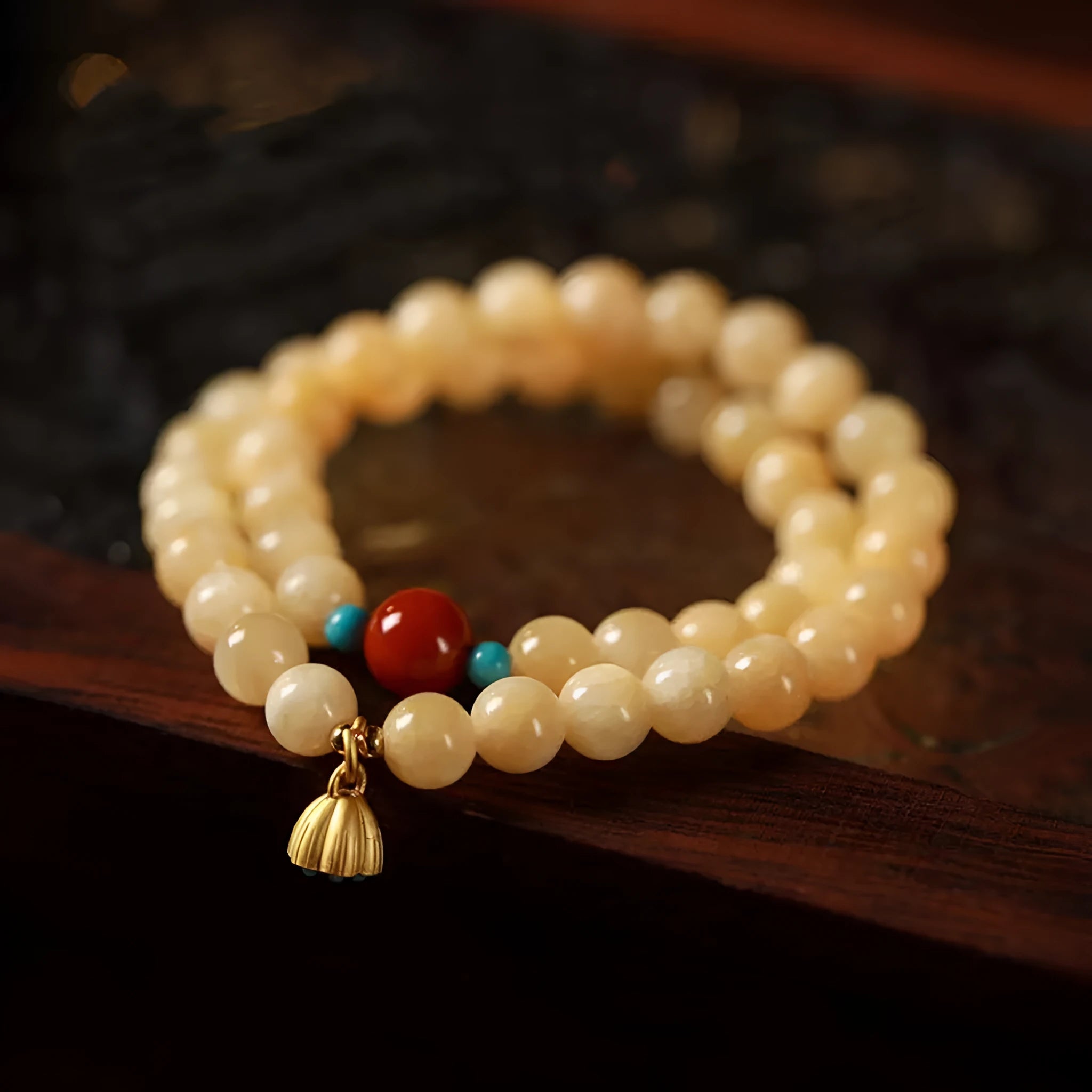 Yellow jade handmade double ring bracelet for women, retro topaz lotus seedpod design, 8mm and 6mm beads, hand-woven