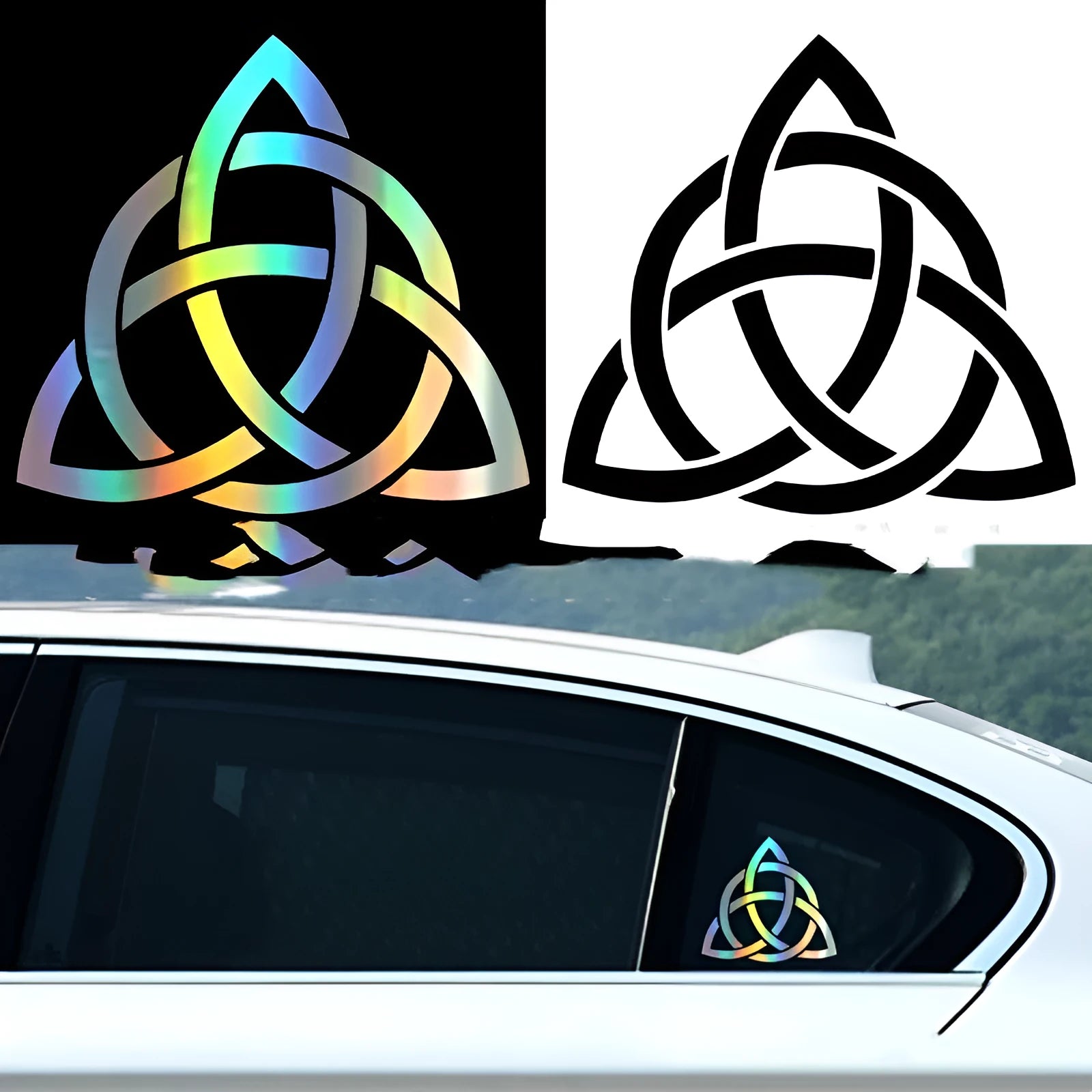Waterproof car body sticker decal on vehicle door, shown in black, white, and laser colour options.