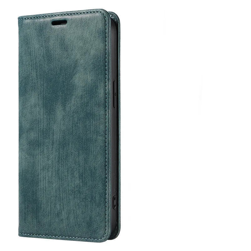 Magnetic flip phone case in leather-style design for iPhone, shown in a solid colour.
